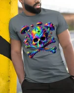 Psychedelic Skull Mushroom Graphic T Shirt Trippy Neon Art Style - model wearing grey tee, leaning on column