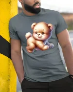 Cute Fluffy Teddy Bear Graphic T Shirt Adorable Soft Style - model wearing grey tee, leaning on column