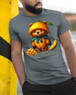Cute Mango Bear Graphic T Shirt Sweet Fruit Art Illustration - model wearing grey tee, leaning on column