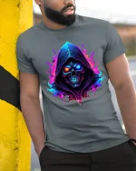 Neon Hooded Skull Graphic T Shirt Dark Fantasy Glow Art - model wearing grey tee, leaning on column