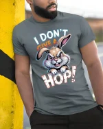 I Dont Give A Hop Bunny Graphic T Shirt Funny Attitude Design - model wearing grey tee, leaning on column