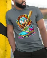 Colorful Baseball Street Art Graphic T Shirt Urban Sport Style - model wearing grey tee, leaning on column