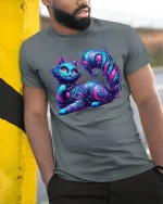 Mystic Galaxy Cat Graphic T Shirt Cosmic Fantasy Neon Art - model wearing grey tee, leaning on column