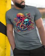 Nautical Octopus Skull Graphic T Shirt Bold Ocean Horror Art - model wearing grey tee, leaning on column