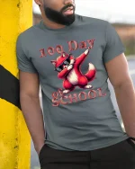 100 Day of School Funny Fox Graphic T Shirt Cool Dabbing Style - model wearing grey tee, leaning on column