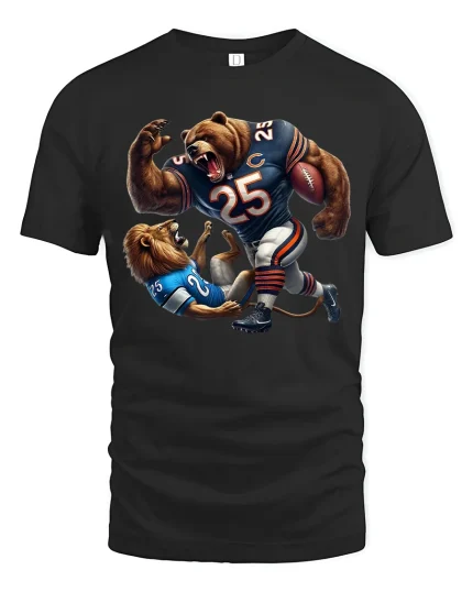 Savage Bear vs Lion Football Battle Graphic Tee Shirt - black t-shirt on white background