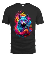 Colorful Wolf Spirit Rainbow Art Graphic Tee Shirt Design - black t-shirt on white background