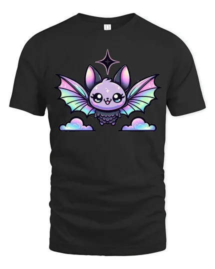 Cute Pastel Bat Kawaii Fantasy Art Graphic Tee Shirt - black t-shirt on white background