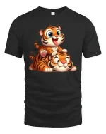 Cute Baby Tiger Stack Playful Cartoon Art Graphic Tee Shirt - black t-shirt on white background