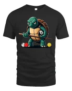 Funny Turtle Pool Shark Eight Ball Billiards Graphic Tee Shirt - black t-shirt on white background