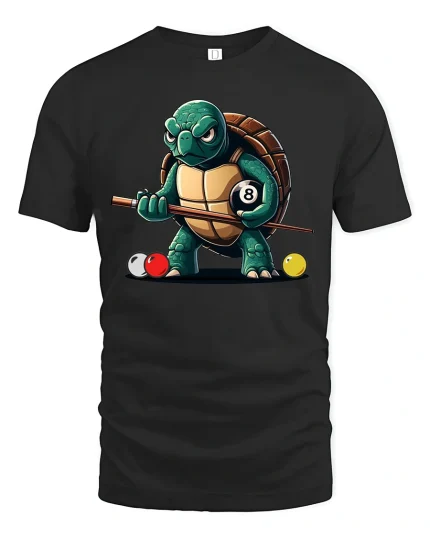 Funny Turtle Pool Shark Eight Ball Billiards Graphic Tee Shirt - black t-shirt on white background