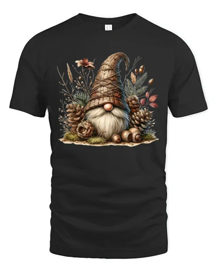 Woodland Gnome Nature Cottagecore Art Graphic Tee Shirt - black t-shirt on white background