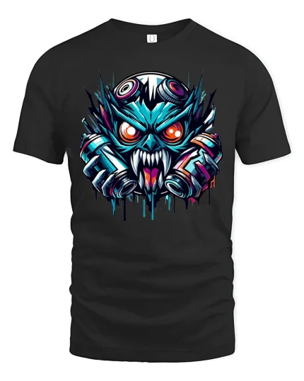 Cyberpunk Monster Graffiti Street Art Graphic Tee Shirt - black t-shirt on white background