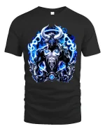 Blue Flame Minotaur Power Fantasy Art Graphic Tee Shirt - black t-shirt on white background