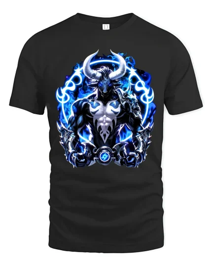 Blue Flame Minotaur Power Fantasy Art Graphic Tee Shirt - black t-shirt on white background