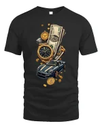 Luxury Wealth Lifestyle Gold Watch Supercar Money Graphic Tee Shirt - black t-shirt on white background