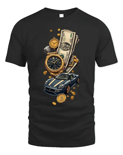 Luxury Wealth Lifestyle Gold Watch Supercar Money Graphic Tee Shirt - black t-shirt on white background
