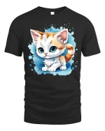 Cute Big Eyed Kitten Cartoon Art Adorable Graphic Tee Shirt - black t-shirt on white background