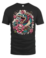 Fierce Japanese Dragon Skull Floral Tattoo Art Graphic Tee Shirt - black t-shirt on white background