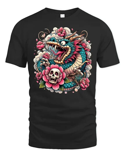 Fierce Japanese Dragon Skull Floral Tattoo Art Graphic Tee Shirt - black t-shirt on white background