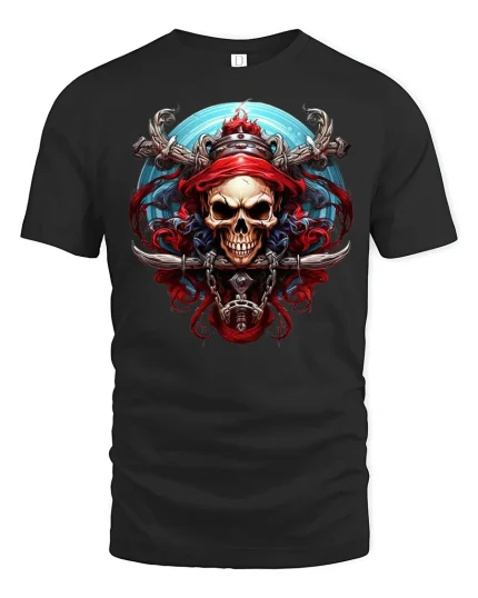 Pirate Skull Warrior Dark Fantasy Art Graphic Tee Shirt - black t-shirt on white background