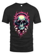 Flaming Skull DJ Headphones Neon Art Graphic Tee Shirt - black t-shirt on white background