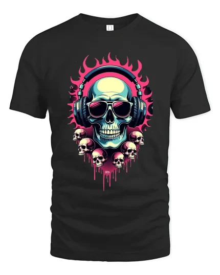 Flaming Skull DJ Headphones Neon Art Graphic Tee Shirt - black t-shirt on white background