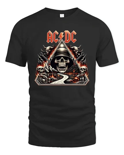 AC DC Skull Highway To Hell Rock Art Graphic Tee Shirt - black t-shirt on white background