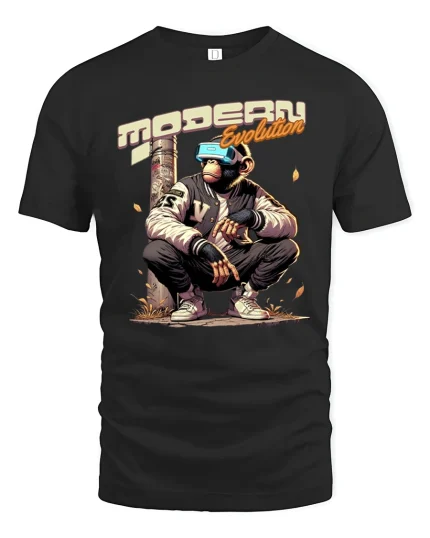 Modern Evolution VR Monkey Street Art Graphic Tee Shirt - black t-shirt on white background