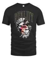 Reality Split Human Ape Philosophy Art Graphic Tee Shirt - black t-shirt on white background