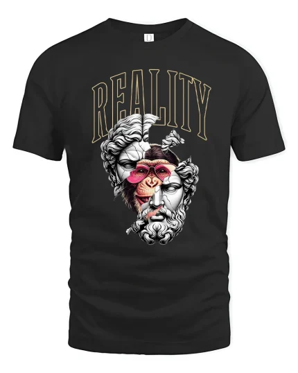 Reality Split Human Ape Philosophy Art Graphic Tee Shirt - black t-shirt on white background