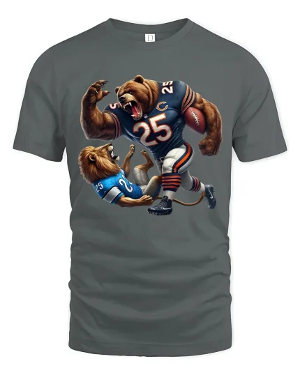 Savage Bear vs Lion Football Battle Graphic Tee Shirt - gray t-shirt on white background