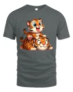 Cute Baby Tiger Stack Playful Cartoon Art Graphic Tee Shirt - gray t-shirt on white background