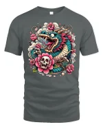 Fierce Japanese Dragon Skull Floral Tattoo Art Graphic Tee Shirt - gray t-shirt on white background