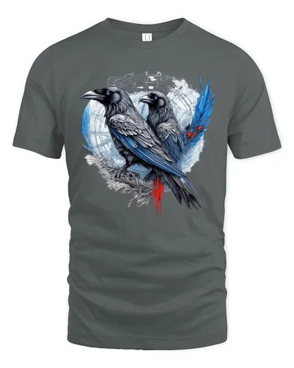 Mystic Raven Duo Dark Gothic Art Graphic Tee Shirt Design - gray t-shirt on white background