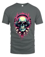 Flaming Skull DJ Headphones Neon Art Graphic Tee Shirt - gray t-shirt on white background