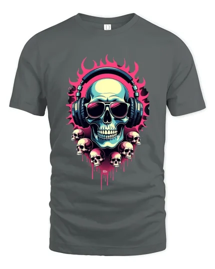 Flaming Skull DJ Headphones Neon Art Graphic Tee Shirt - gray t-shirt on white background