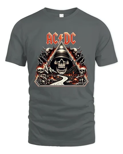 AC DC Skull Highway To Hell Rock Art Graphic Tee Shirt - gray t-shirt on white background