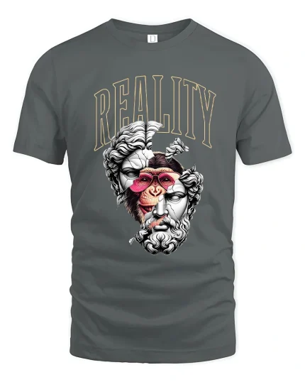 Reality Split Human Ape Philosophy Art Graphic Tee Shirt - gray t-shirt on white background