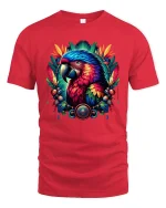 Colorful Parrot Spirit Tropical Art Graphic Tee Shirt Design - red t-shirt on white background