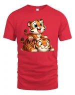 Cute Baby Tiger Stack Playful Cartoon Art Graphic Tee Shirt - red t-shirt on white background