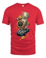 Luxury Wealth Lifestyle Gold Watch Supercar Money Graphic Tee Shirt - red t-shirt on white background