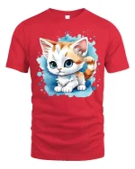Cute Big Eyed Kitten Cartoon Art Adorable Graphic Tee Shirt - red t-shirt on white background