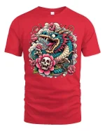 Fierce Japanese Dragon Skull Floral Tattoo Art Graphic Tee Shirt - red t-shirt on white background