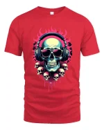 Flaming Skull DJ Headphones Neon Art Graphic Tee Shirt - red t-shirt on white background