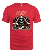 AC DC Skull Highway To Hell Rock Art Graphic Tee Shirt - red t-shirt on white background