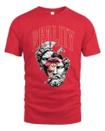 Reality Split Human Ape Philosophy Art Graphic Tee Shirt - red t-shirt on white background