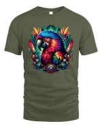 Colorful Parrot Spirit Tropical Art Graphic Tee Shirt Design - military green t-shirt on white background