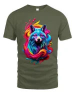 Colorful Wolf Spirit Rainbow Art Graphic Tee Shirt Design - military green t-shirt on white background