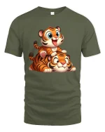Cute Baby Tiger Stack Playful Cartoon Art Graphic Tee Shirt - military green t-shirt on white background